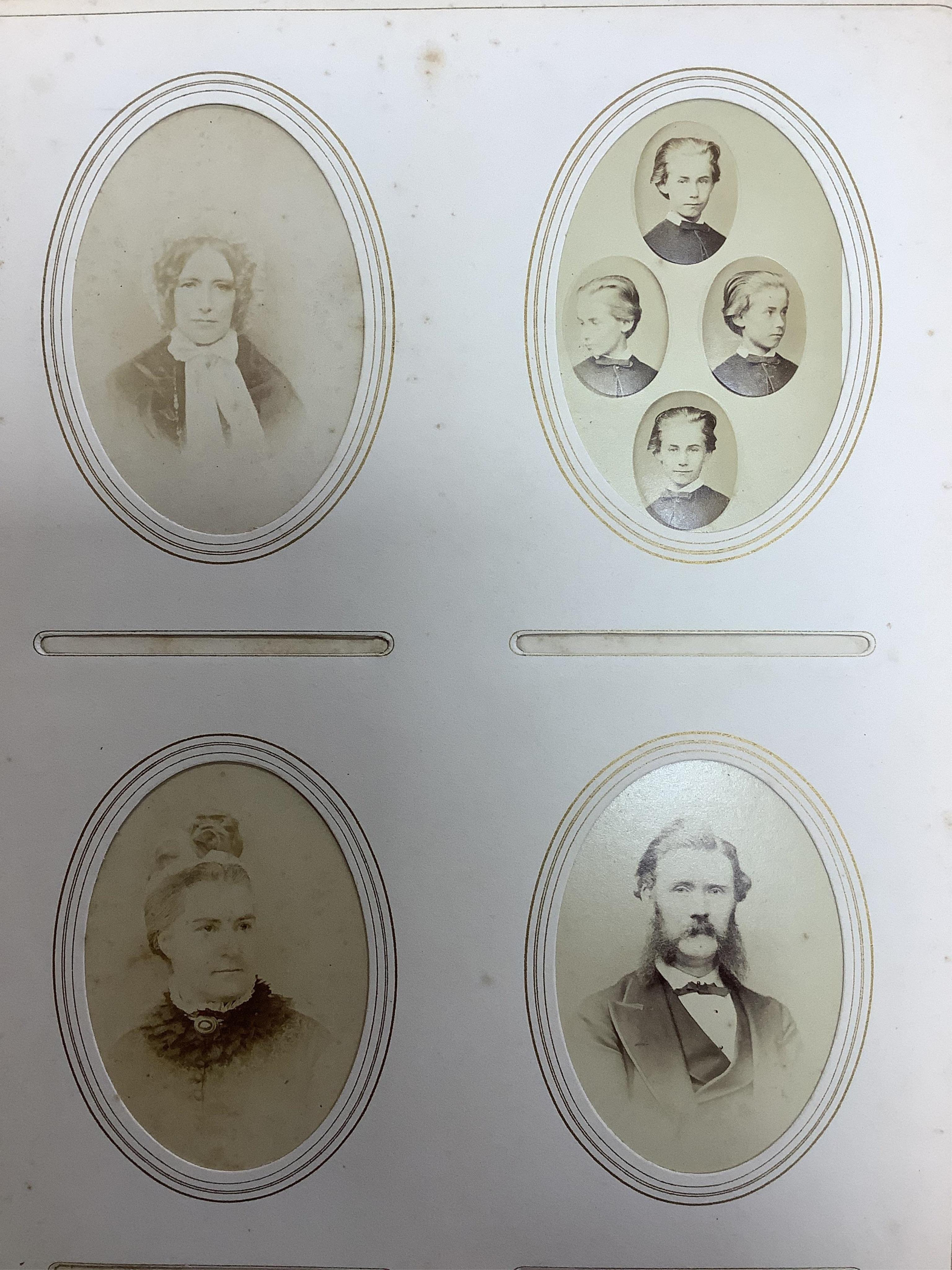 A Victorian malachite mounted amboyna family photograph album, 23cm x 30cm